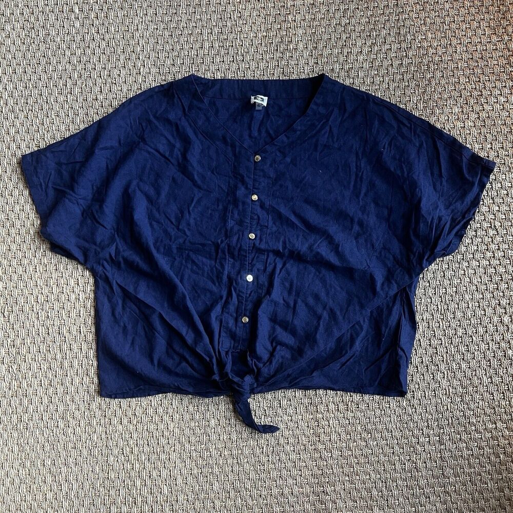 Anne Klein Blouse Button Front Tie Bottom Linen Blend Navy W/ Gold Buttons XL